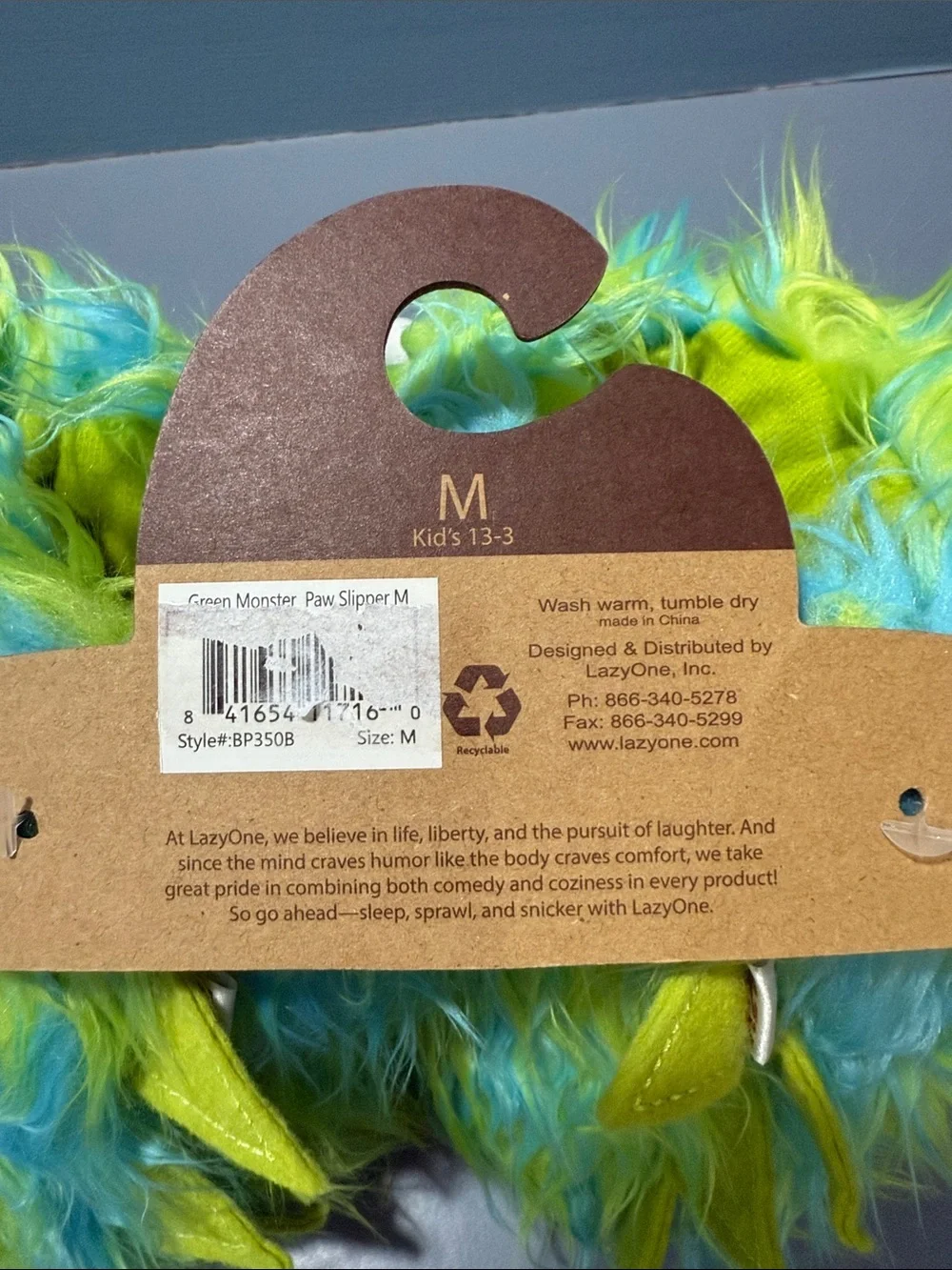 Lazy One Neon Green & Aqua Fuzzy Monster Claw Slippers
